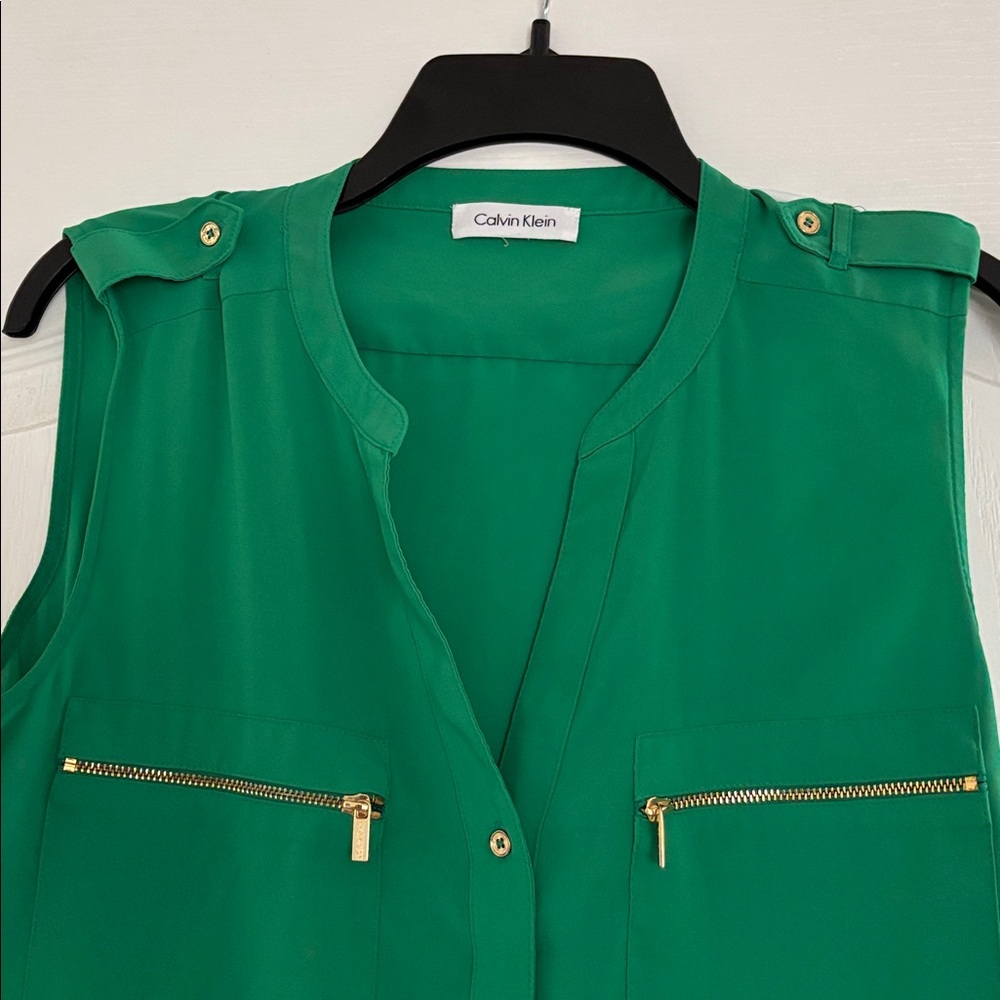 Calvin Klein Emerald Green Blouse L with Gold Details - Picture 2 of 4